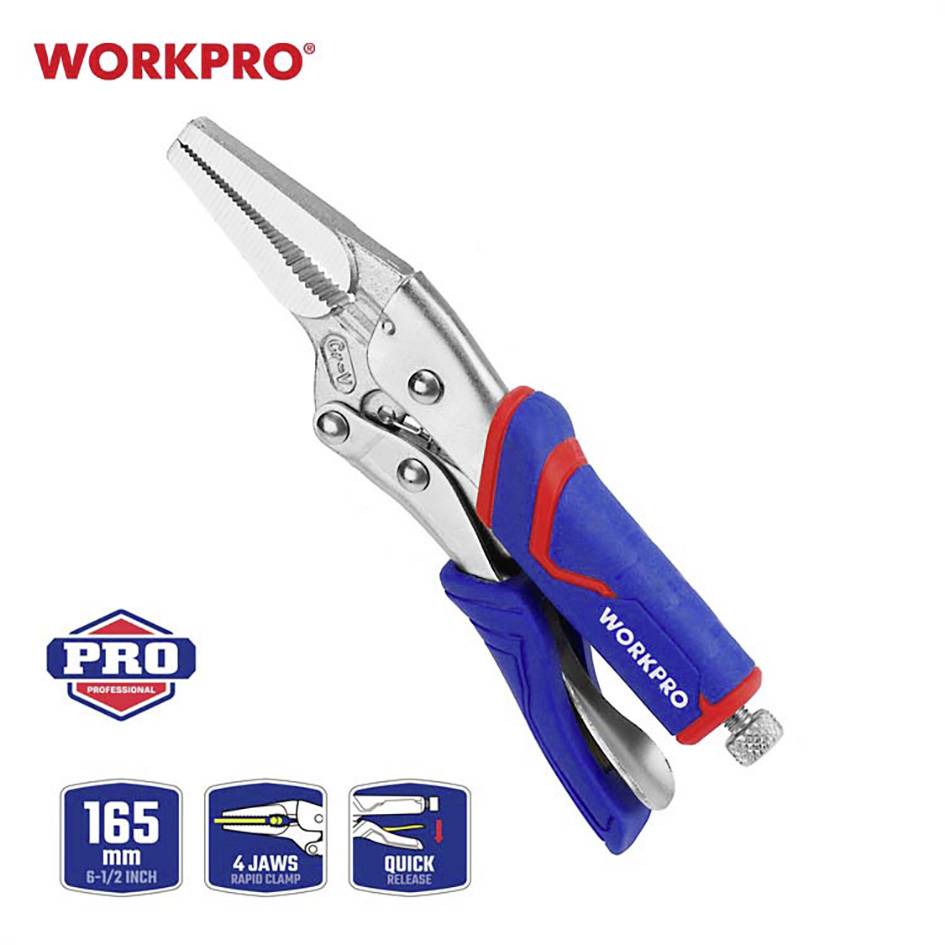 Zange mit blau-rotem Griff, Markenname 'WORKPRO' sichtbar. Etiketten zeigen: 165 mm Länge, 4-Kiefer-Schnellspannvorrichtung.
