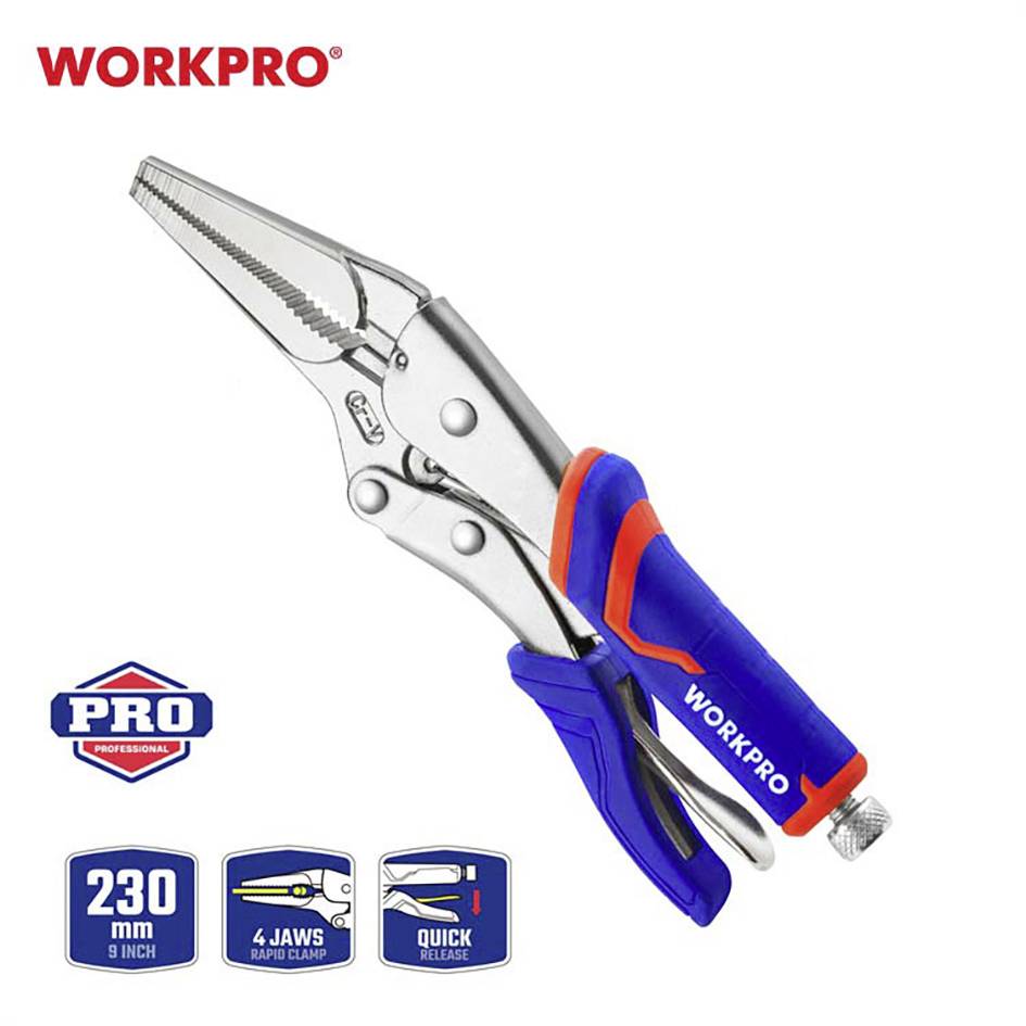 Werkzeug-Foto: Lange Gripzange von WORKPRO mit blauen Griffen, 230 mm. Funktionen: 4 Kiefer, Schnellspannsystem.