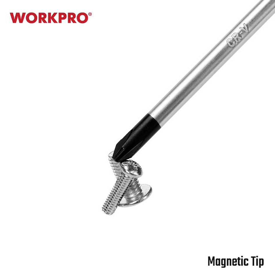 Ein silberner Schraubendreher mit magnetischer Spitze hält eine Schraube. Oben links das 'WORKPRO'-Logo, unten rechts 'Magnetic Tip'.