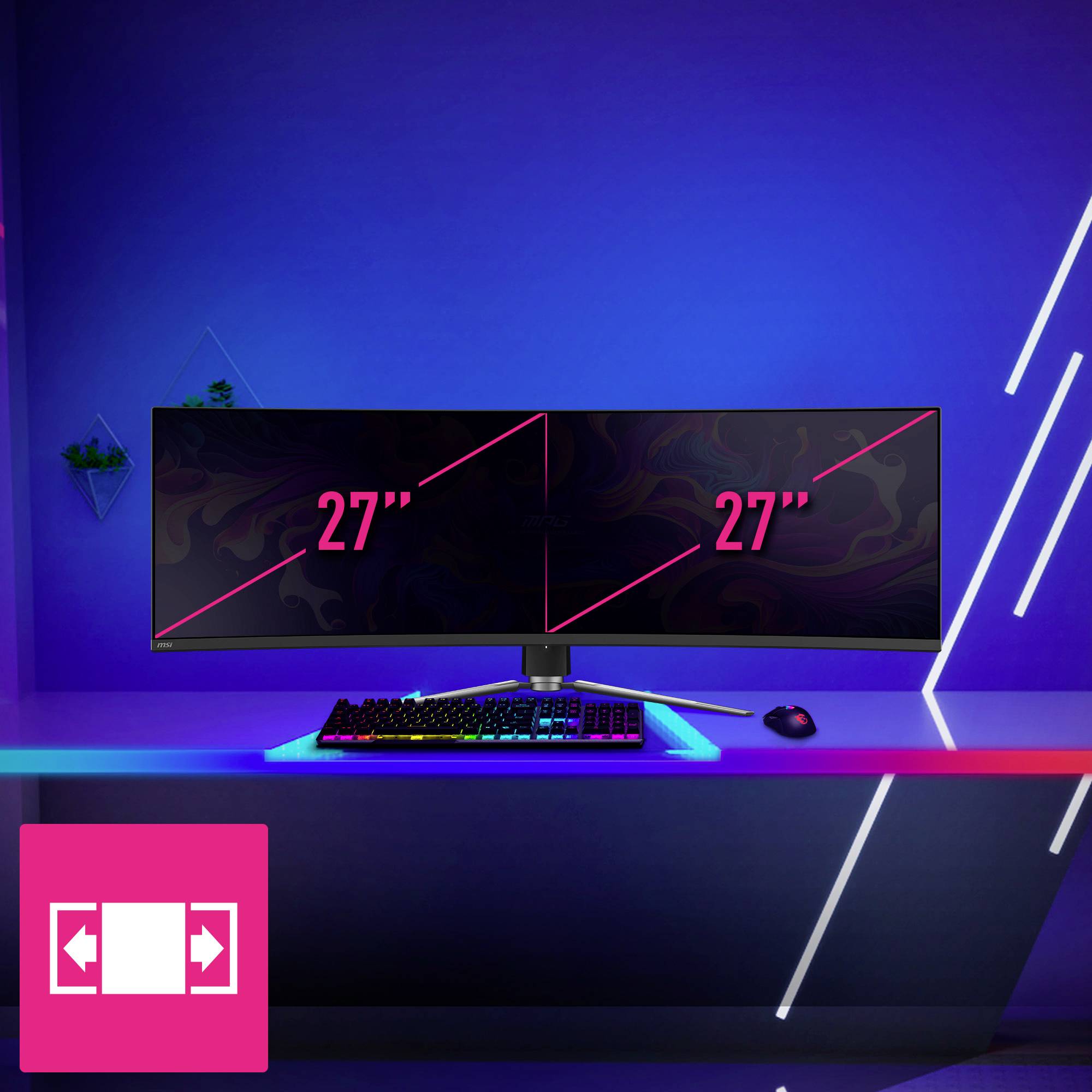 Zwei nebeneinander stehende 27-Zoll-Monitore vor blauem Hintergrund, beleuchtete Tastatur und Maus im Vordergrund, Symbol für horizontales Zusammenfügen.