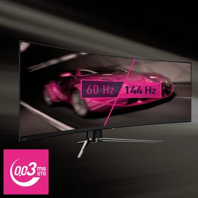 Gekrümmter Monitor mit geteiltem Bild: links unscharfes Auto bei 60 Hz, rechts scharfes Auto bei 144 Hz. Text unten links: '0.03 ms GTG'.
