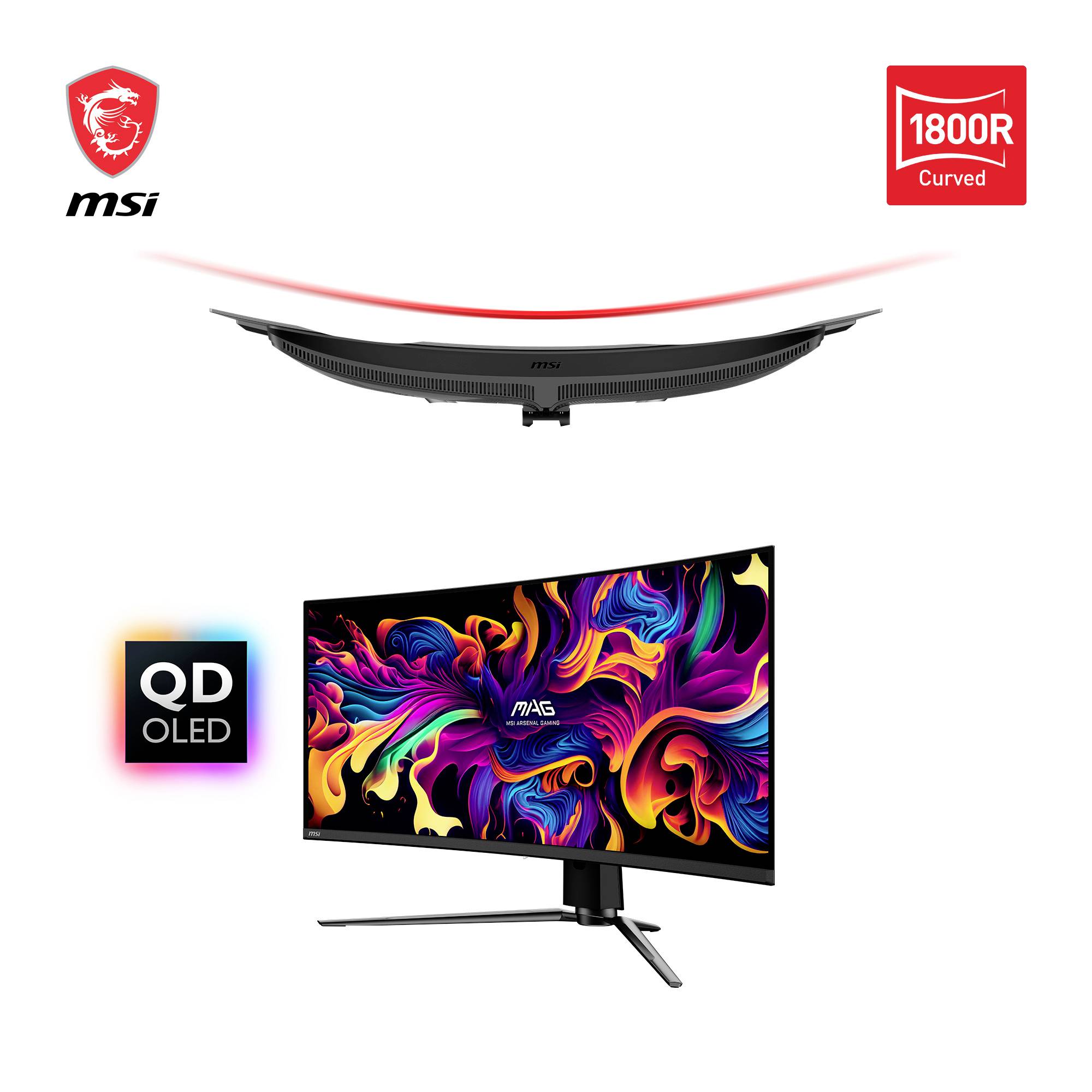 Ein MSI-QD-OLED-Monitor mit gebogenem Bildschirm (1800R), zeigt ein farbenfrohes, abstraktes Design. Oben das MSI-Logo.