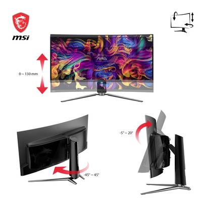Die Abbildung zeigt einen curved Monitor von MSI mit verstellbarem Standfuß. Höhe, Neigung und Drehung sind angepasst. Bunte Grafik auf dem Bildschirm.