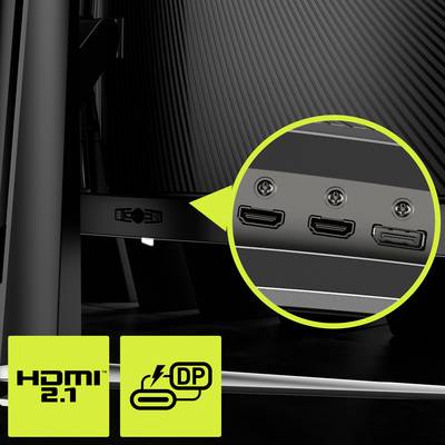 Anschlüsse auf der Rückseite eines Monitors, darunter HDMI, DisplayPort und USB. Hinweis auf HDMI 2.1 und DisplayPort-Symbole.
