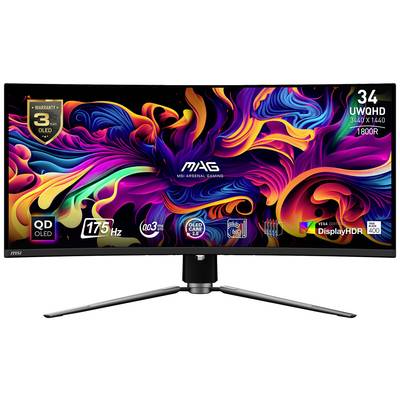 Ein MSI-Monitor mit 34 Zoll, Auflösung von 3440 x 1440, 175 Hz, QLED, WQHD, OLED-Technologie und 3 Jahren Garantie wird gezeigt.