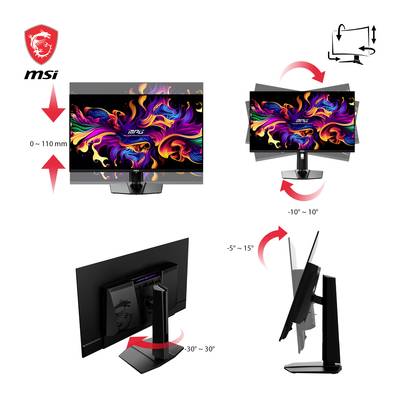 Monitor mit einstellbarer Höhe (0–110 mm), Neigungswinkel (-5° bis 15°) und Drehung (-30° bis 30°). Ideal für flexible Arbeitsplatzanpassungen.