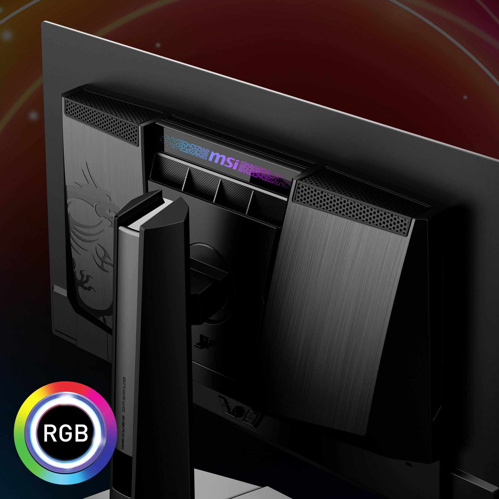 Ein Monitor mit stilvoller Rückseite, beleuchtetem Logo und RGB-Lichtelementen unten links.