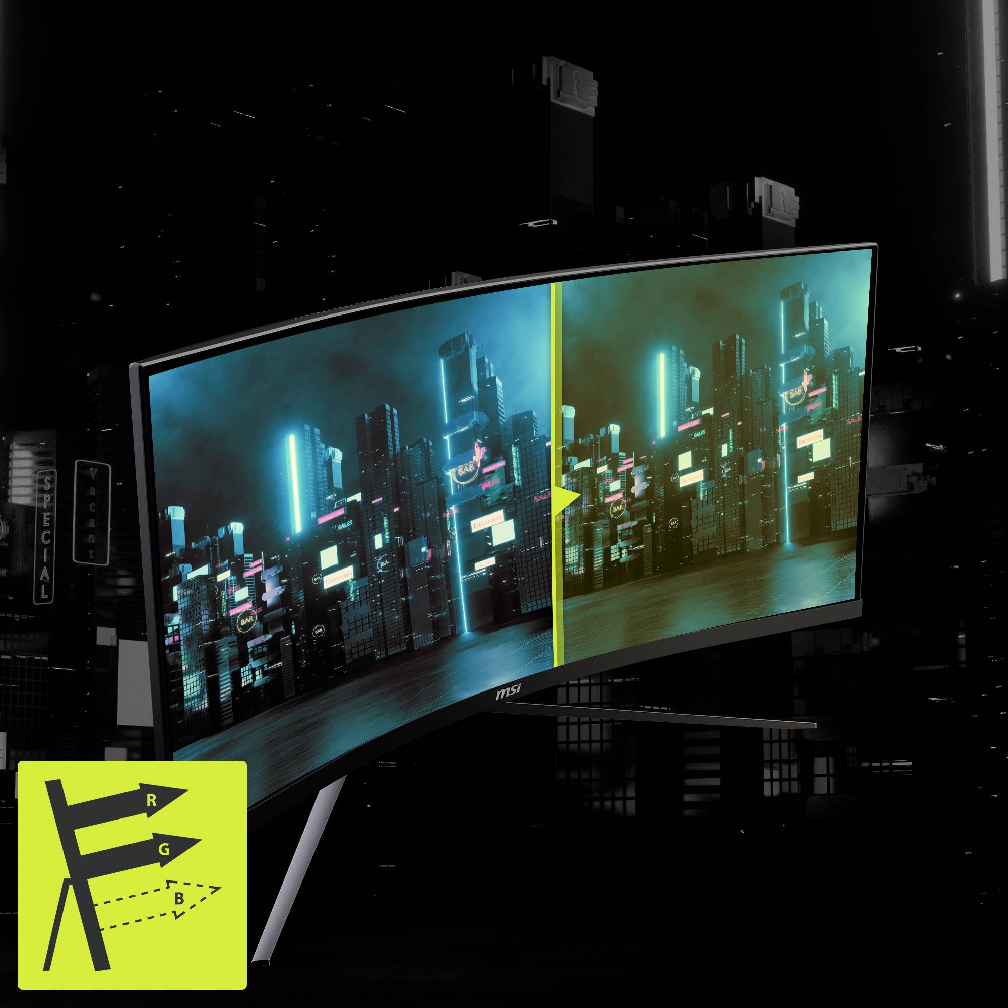 Ein gebogener Monitor zeigt eine futuristische Stadtansicht bei Nacht mit hellen Neonlichtern. Links das Bild in Originalfarbe, rechts in Schwarzweiß.