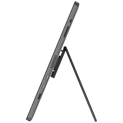 Ein seitlich stehendes Tablet mit einem eingebauten Ständer, der das Gerät in einem aufrechten Winkel hält.