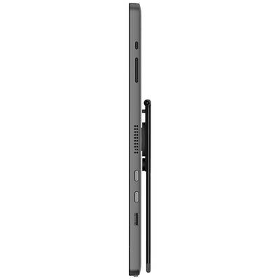 Tablet-Seitenansicht: Schlankes Design, integrierter Stifthalter. Drehregler und Lautsprecher sichtbar auf der linken Seite.