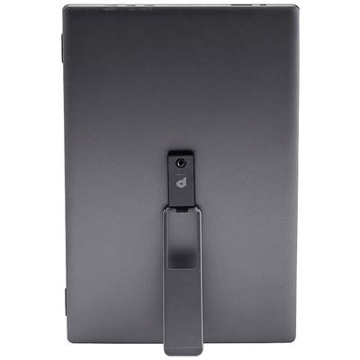 Rückansicht eines elektronischen Geräts mit ausklappbarem Standfuß, vermutlich ein Tablet. Der Standfuß ermöglicht aufrechte Positionierung.