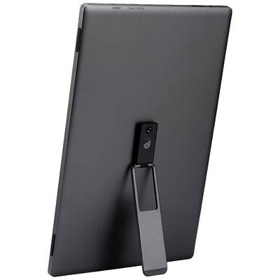 Tablet mit ausklappbarem Ständer. Rückansicht zeigt Kamera oben und langlebiges, schwarzes Gehäuse.