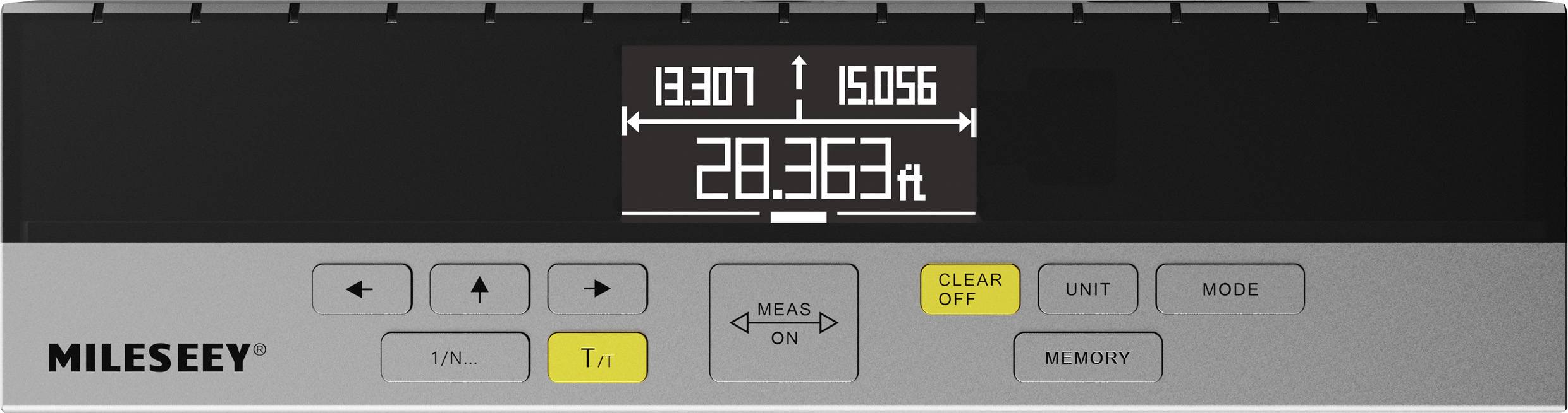 Elektronisches Messgerät mit digitalem Display, das eine Messung von '28,363 ft' anzeigt. Knöpfe für Steuerung und Einstellungen darunter.