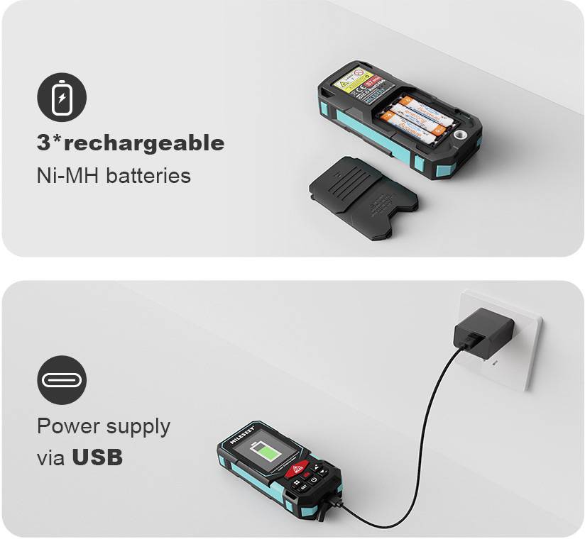 Ladegerät mit drei wiederaufladbaren Ni-MH-Batterien. Unteres Bild zeigt Ladegerät, das über USB-Kabel an Steckdose angeschlossen ist.