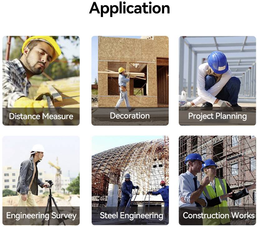 Sechs Bilder von Bauarbeitern bei der Arbeit: Distanzmessung, Dekoration, Projektplanung, Vermessung, Stahlbau, Bauarbeiten.