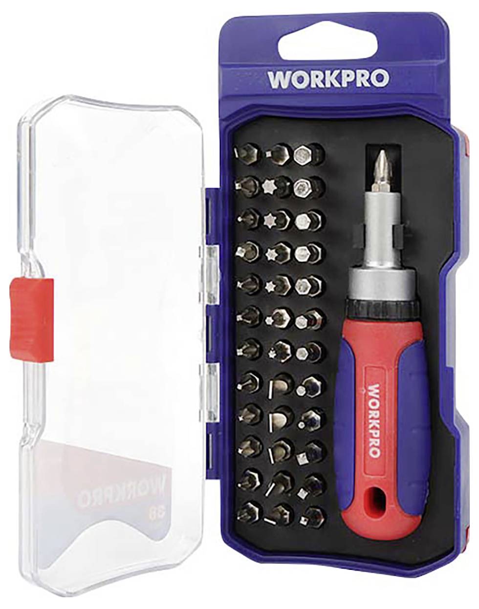 Werkzeugset mit Ratschen-Schraubendreher und verschiedenen austauschbaren Bits in einem blauen Etui mit Klarsichtdeckel.