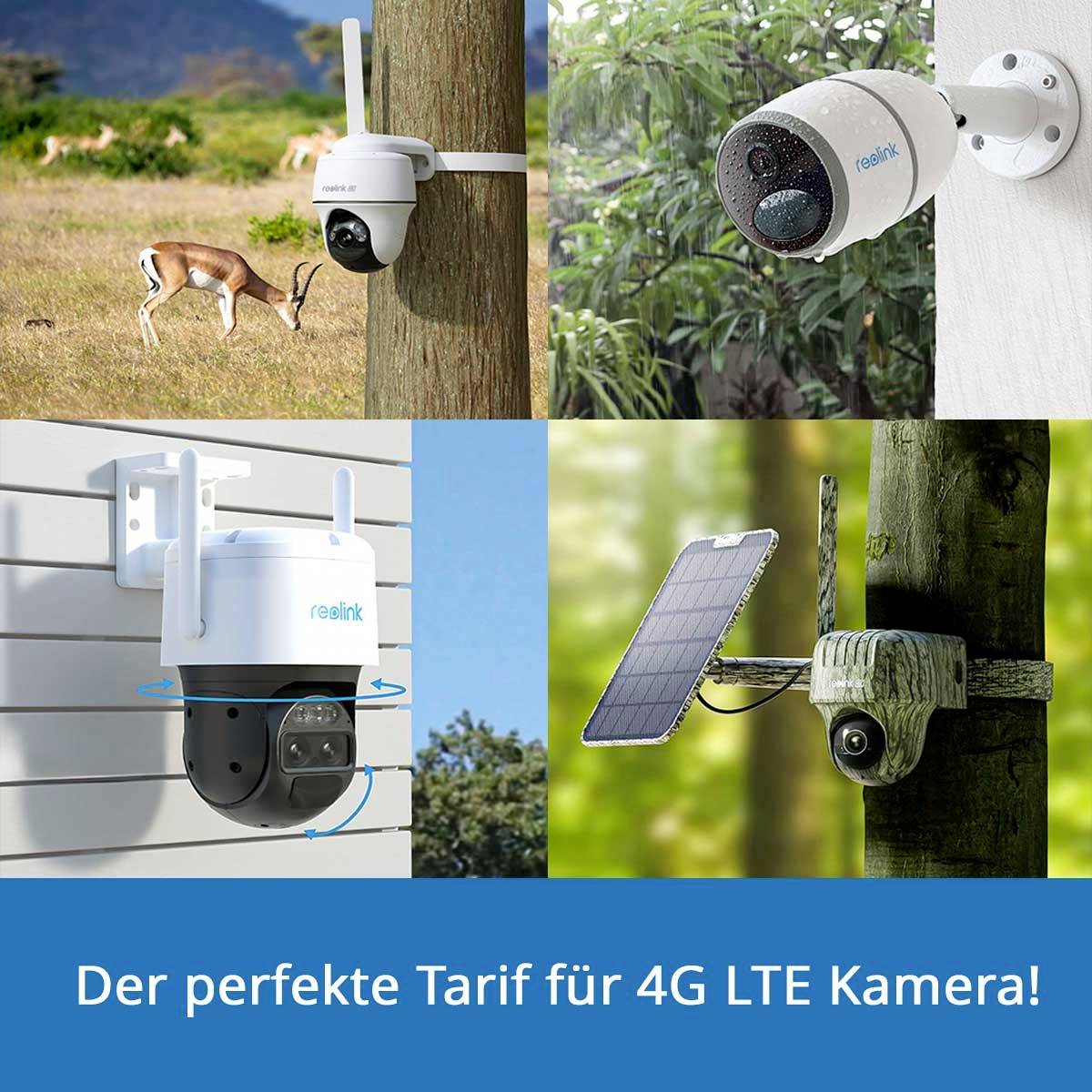 Vier Bilder: Antilope in der Natur, zwei Sicherheitskameras an Wänden und einem Baum, sowie eine Kamera mit Solarpanel; Text: 'Der perfekte Tarif für 4G LTE Kamera!'.