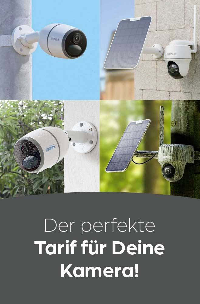 Vier Überwachungskameras in verschiedenen Umgebungen mit Solarmodulen. Text: 'Der perfekte Tarif für Deine Kamera!'