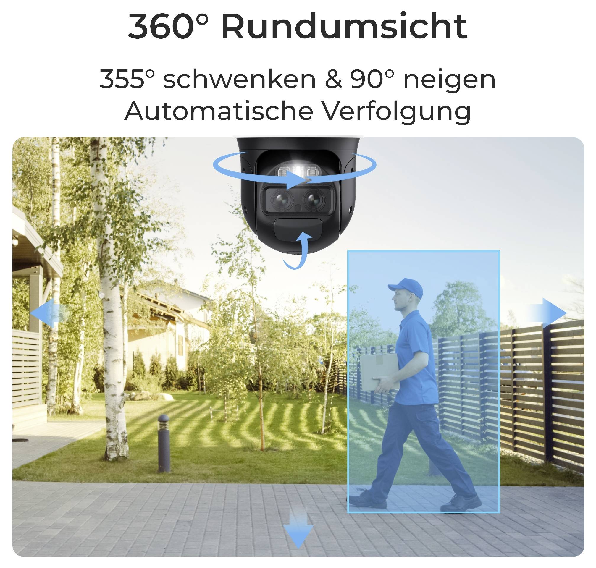 Eine Sicherheitskamera bietet eine 360-Grad-Ansicht mit automatischer Verfolgung einer Lieferperson, die ein Paket in einem Vorstadtgebiet trägt.