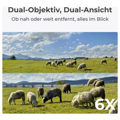 Schafherde auf einer weitläufigen grünen Wiese unter einem teilweise bewölkten Himmel, mit zwei Kamera-Perspektiven dargestellt. Text auf Deutsch wirbt für Doppellinsen.