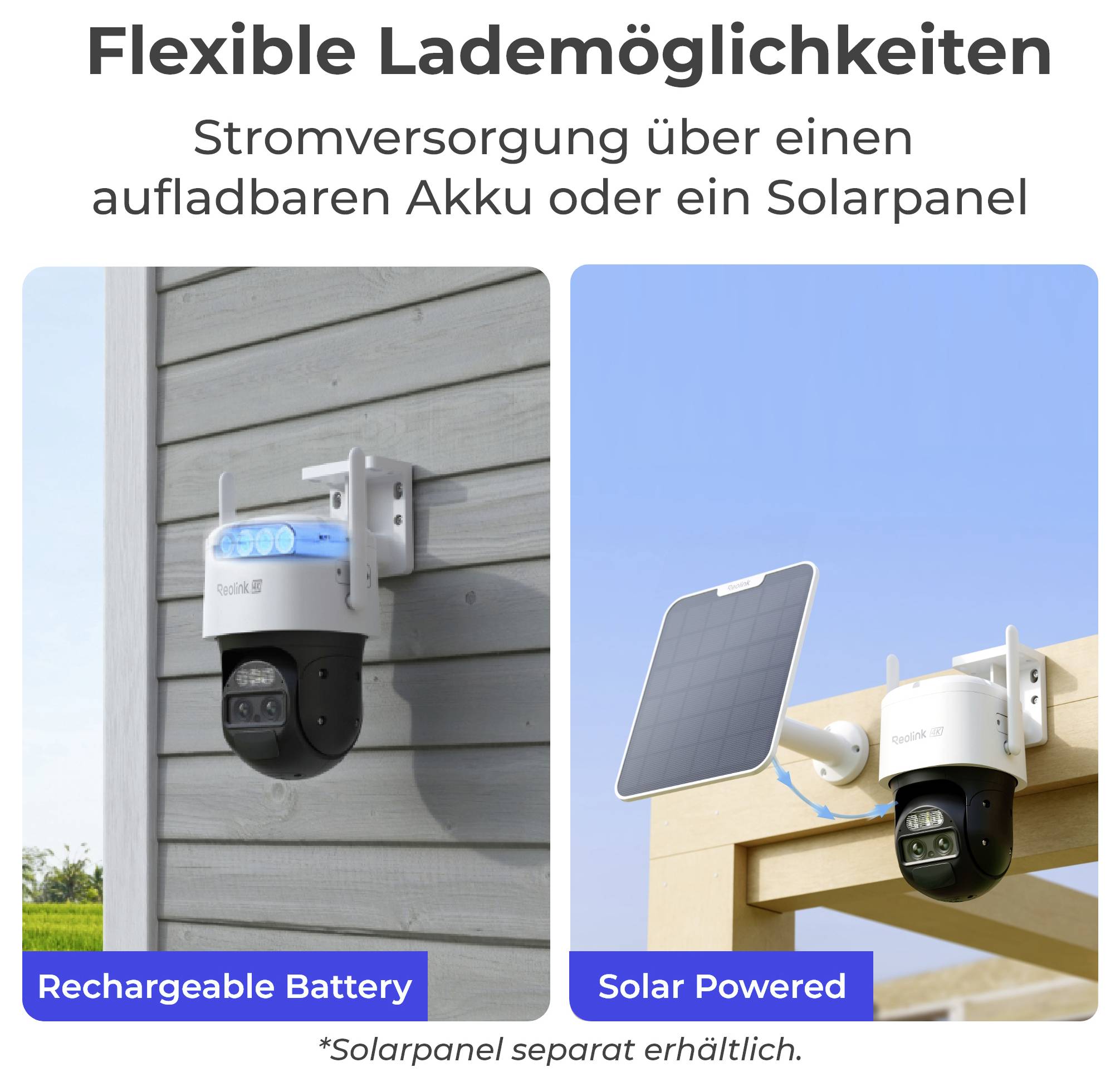 Überwachungskamera mit wiederaufladbarer Batterieoption an der Wand; Solarmodul-Installation an einer anderen Stelle. Text: 'Flexible Lademöglichkeiten'.