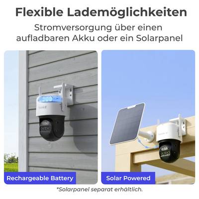 Überwachungskamera mit wiederaufladbarer Batterieoption an der Wand; Solarmodul-Installation an einer anderen Stelle. Text: 'Flexible Lademöglichkeiten'.