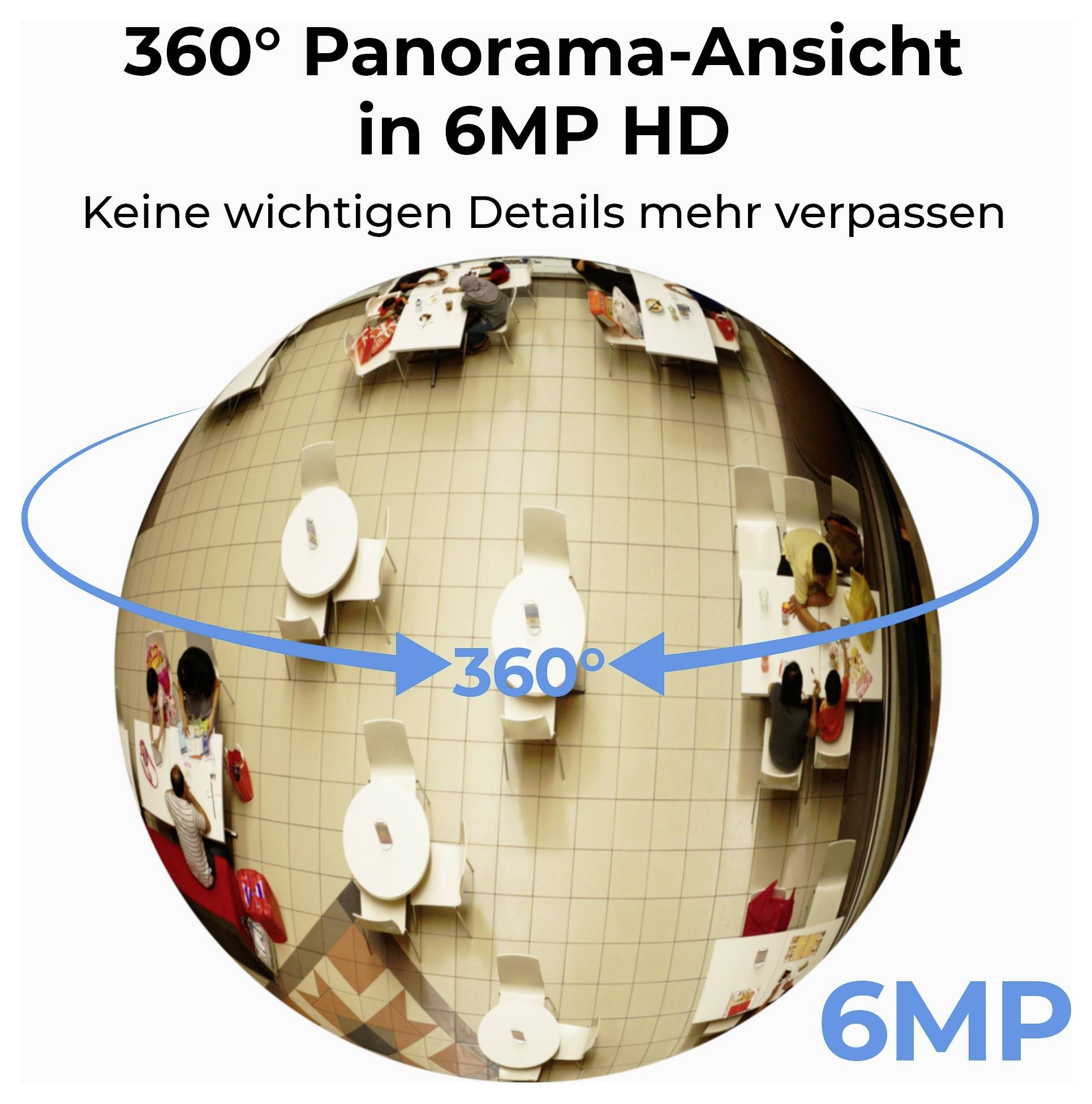 Ein Fisheye-Objektiv-Bild, das einen 360°-Panoramablick auf einen gekachelten Boden mit Tischen und Menschen in einem Speisebereich zeigt. Text hebt hervor: '360° Panorama-Ansicht in 6MP HD.'