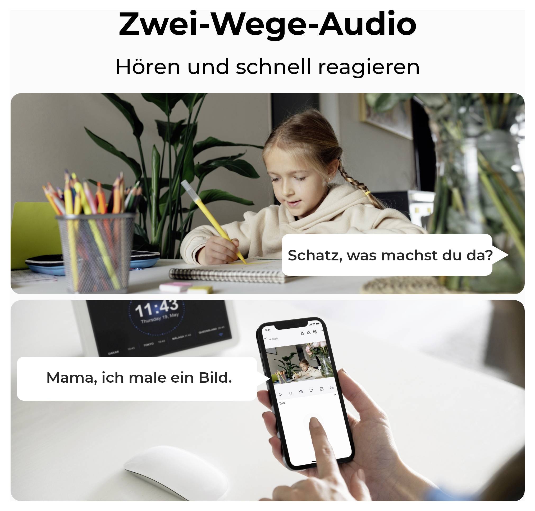 Ein Kind, das an einem Tisch zeichnet, wird durch ein Telefon gefragt: „Schatz, was machst du da?" Das Telefon antwortet: „Mama, ich male ein Bild."