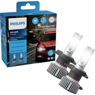 Zwei Philips H4-LED-Autolampen neben einer Verpackung, die verbesserte Straßenzulassung, 5800 K weißes Licht und +220 % Helligkeit verspricht.