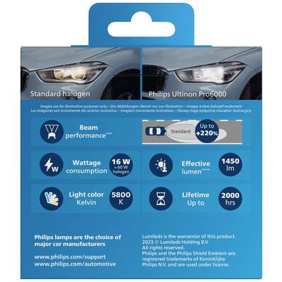 'Philips Ultinon Pro6000' Autolampen, Vergleich von Halogen- und LED-Optionen. Verbesserte Leistung, Lebensdauer bis zu 2000 Stunden.
