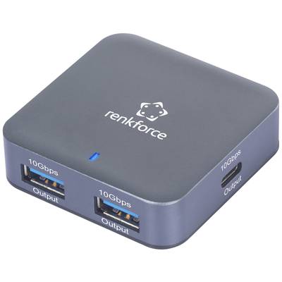 Ein kompakter, grauer USB-Hub mit dem Markennamen 'renkforce', zeigt zwei USB-Anschlüsse und einen USB-C-Anschluss, alle mit '10 Gbps Output' beschriftet.