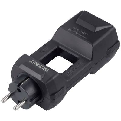 Schwarzer Adapterstecker mit der Aufschrift 'VOLTFRAFT', geeignet für europäische Steckdosen, für den Betrieb von Geräten bis 16A.