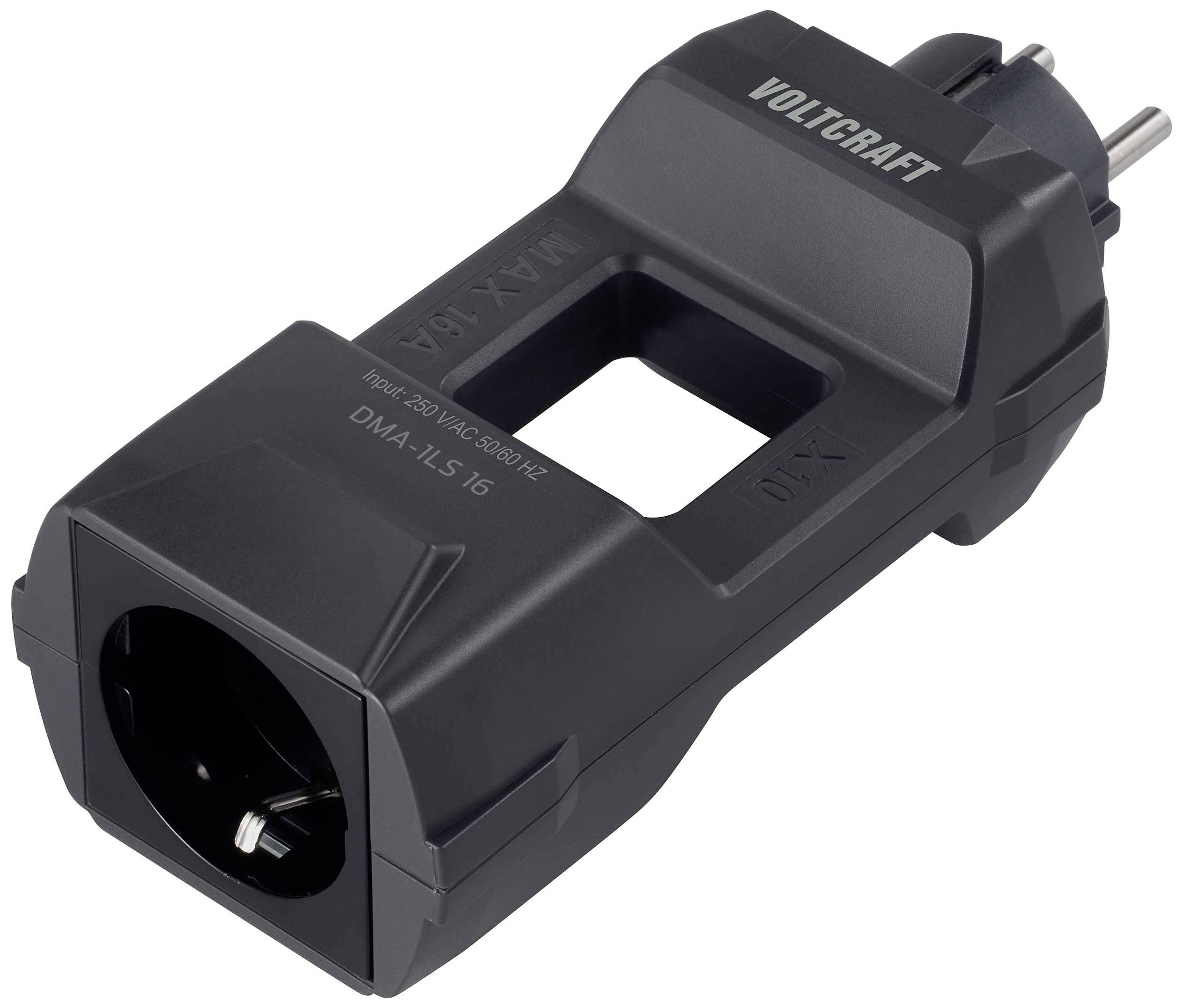 Ein schwarzer Energiemessadapter, geeignet für Steckdosen, mit der Aufschrift 'Voltcraft' und den Spezifikationen 'MAX 16A'.