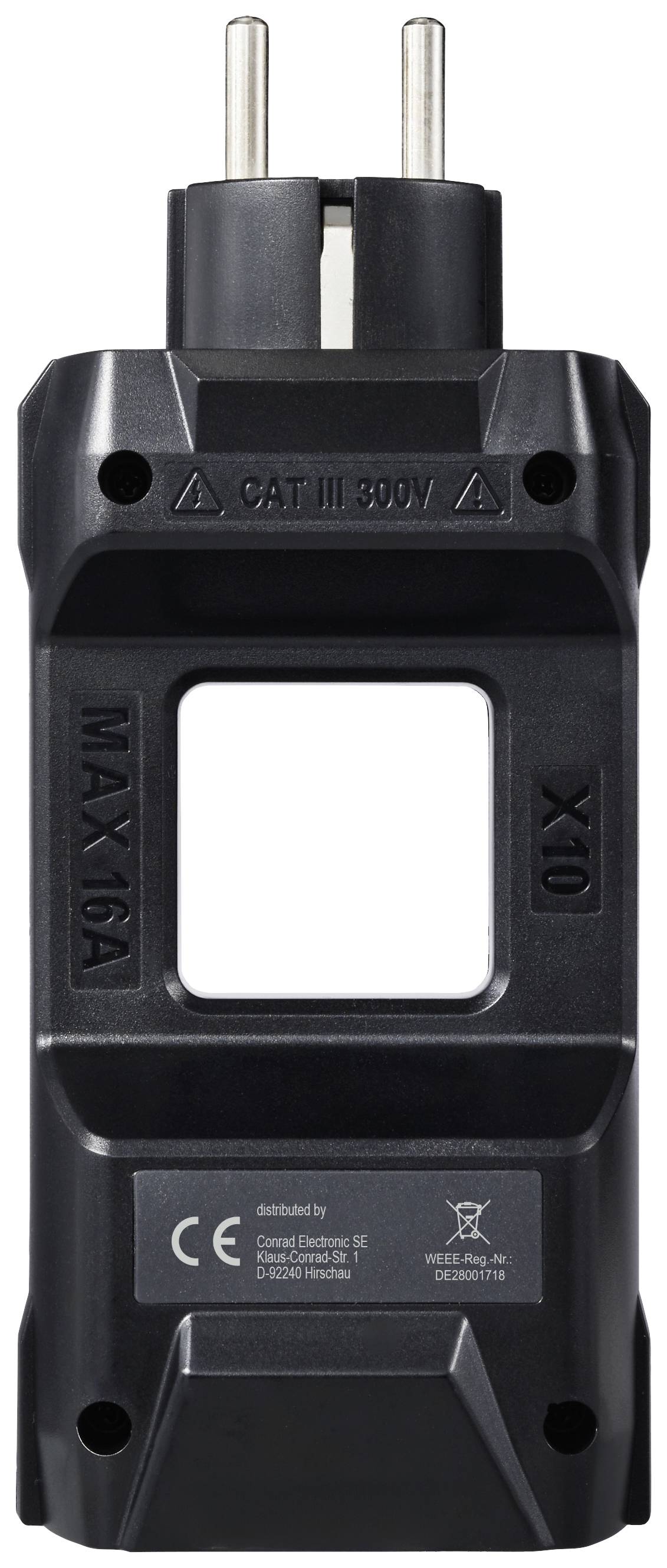 Ein elektrischer Adapter mit CE-Kennzeichnung, geeignet für bis zu 300V, Ansicht von vorne.