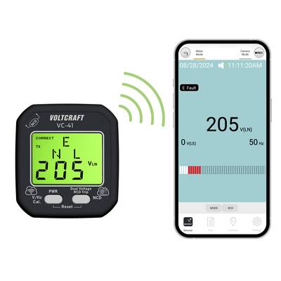 Ein digitales Spannungsmessgerät zeigt 205 Volt an. Rechts daneben auf einem Smartphone-Bildschirm werden 205 Volt und Fehlerstatus angezeigt.