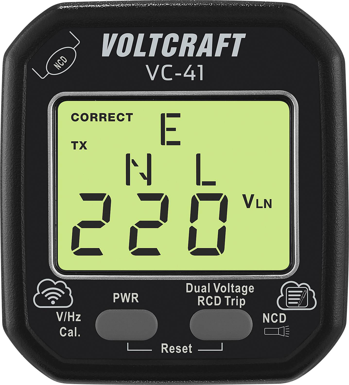 Frontansicht eines Voltcraft VC-41 Digitalvoltmeters mit der Anzeige '220 VLN' und verschiedenen Tasten zur Kalibrierung und Auslösung des Fehlerstromschutzschalters (RCD) für Doppelspannung.