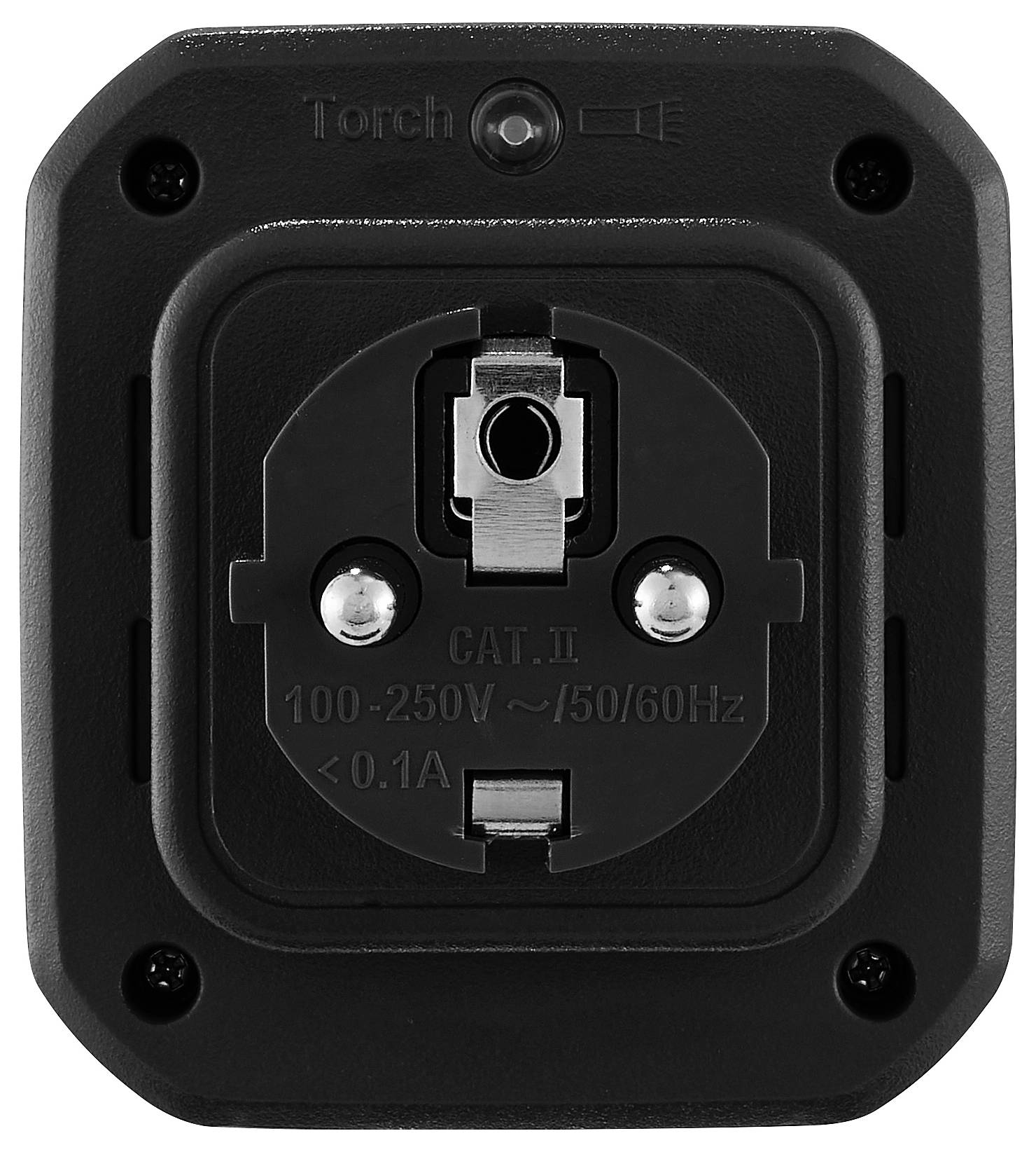 Nahaufnahme der Rückseite eines Spannungsprüfers mit CAT-II-Einstufung, der 100-250V, 50/60Hz, weniger als 0,1A und einen Taschenlampenknopf an der Oberseite zeigt.