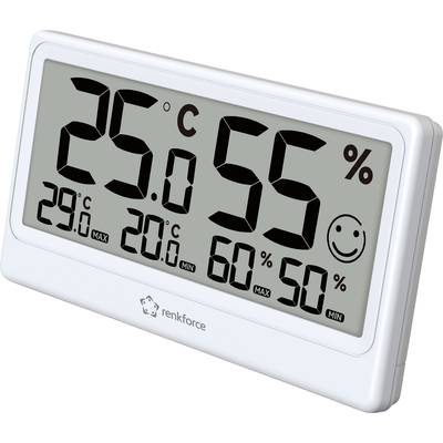Ein digitales Thermo-Hygrometer auf einem Tisch zeigt 25°C und 55% Luftfeuchtigkeit an, mit Minimum- und Maximum-Anzeigen darunter.