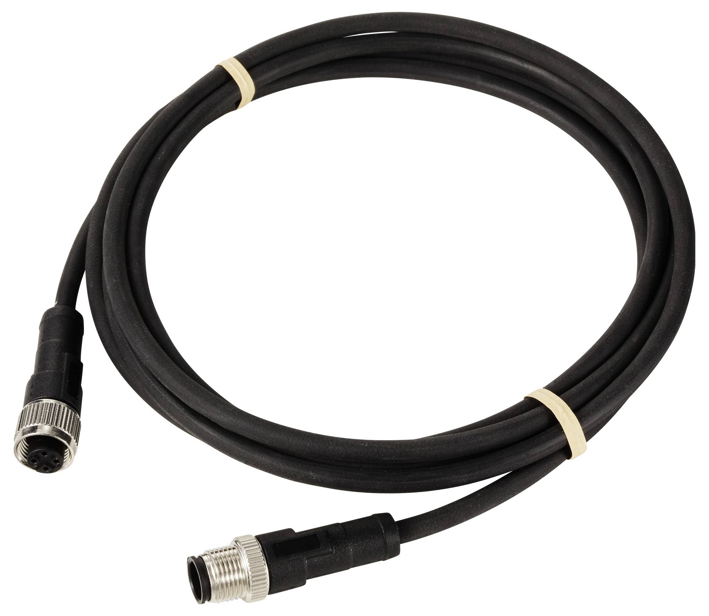 Schwarzes Kabel mit zwei Steckern an den Enden, geeignet für elektronische Verbindungen.