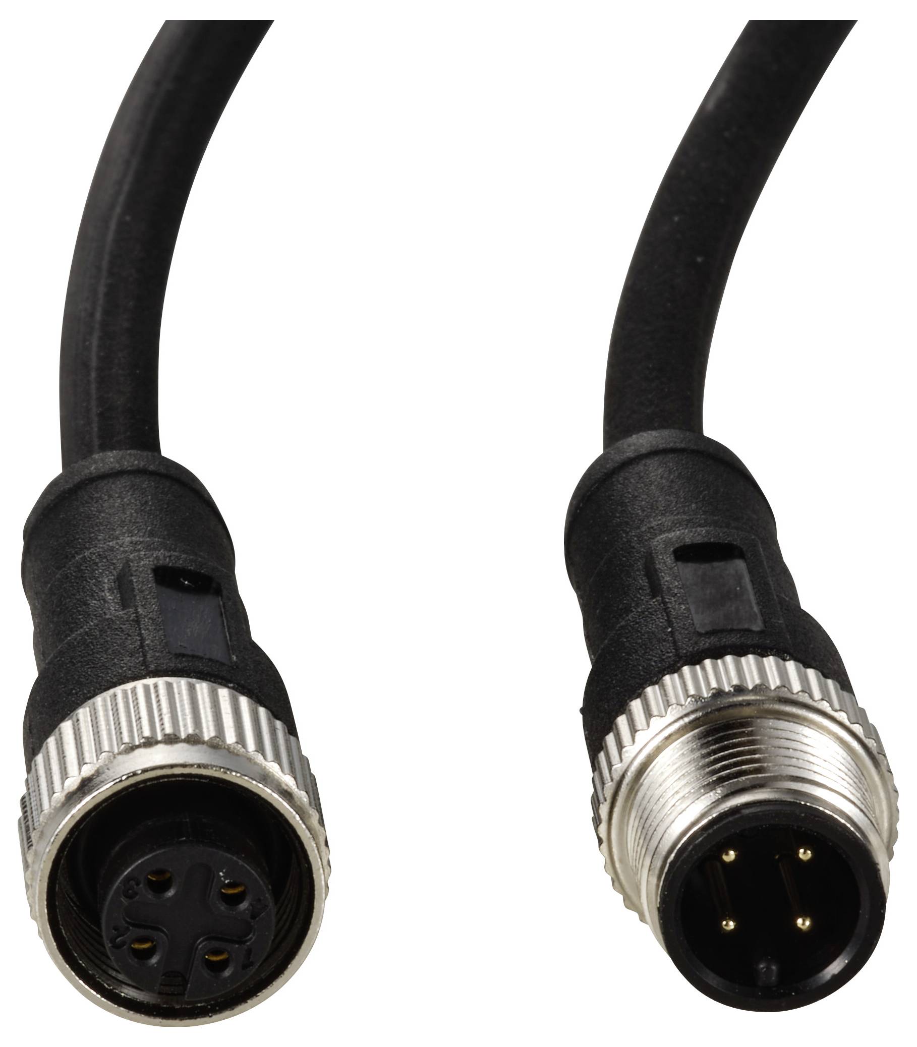 Zwei schwarze Rundsteckverbinderkabel mit silbernen Schraubanschlüssen; eines zeigt die Stiftseite, das andere die Buchsenseite.