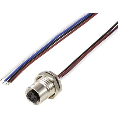 Ein M12-Steckverbinder mit einem Metallgewinde und mehreren farbigen Kabeln zur elektrischen Verbindung von Geräten.