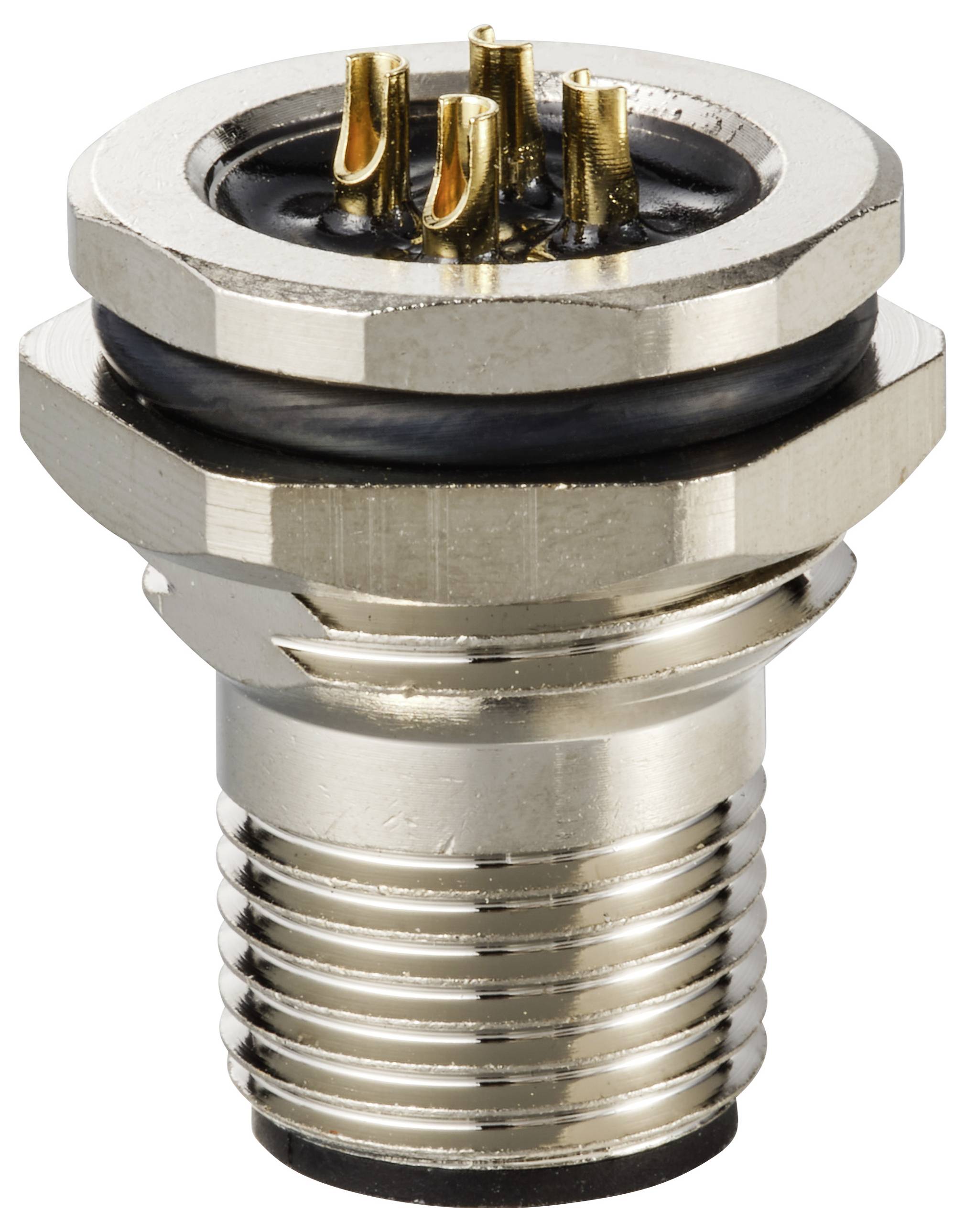 Metallischer Rundsteckverbinder mit mehreren goldenen Steckkontakten, geeignet für industrielle und elektronische Anwendungen.