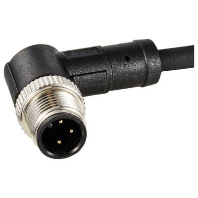 Ein schwarzer, rechtwinkliger Stecker mit drei Metallstiften. Geeignet für die Verbindung mit elektronischen Geräten.