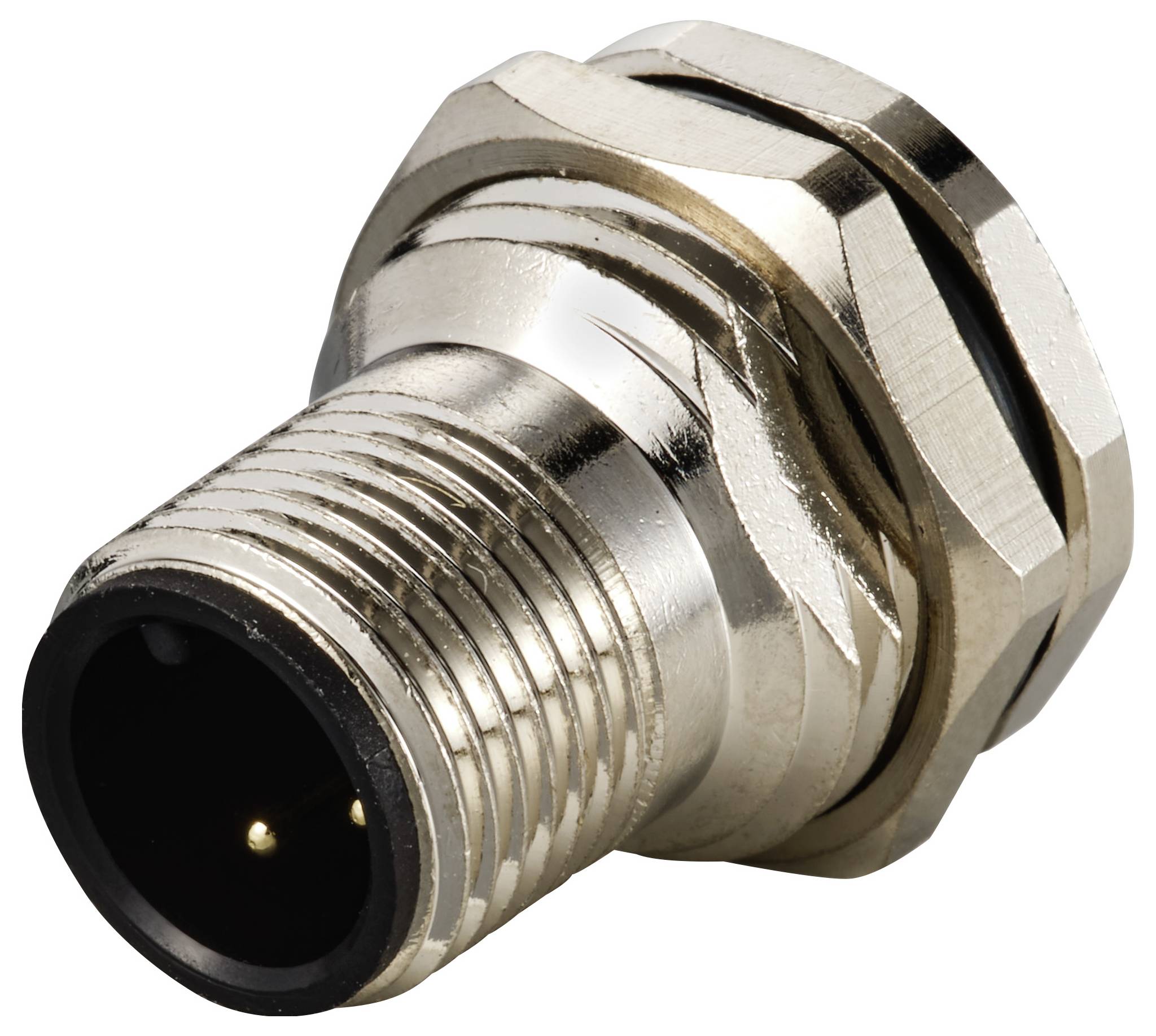 Metallischer M12-Steckverbinder mit Gewinde, vorne mit zwei sichtbaren Pins, geeignet für industrielle Anwendungen und robuste Verbindungen.