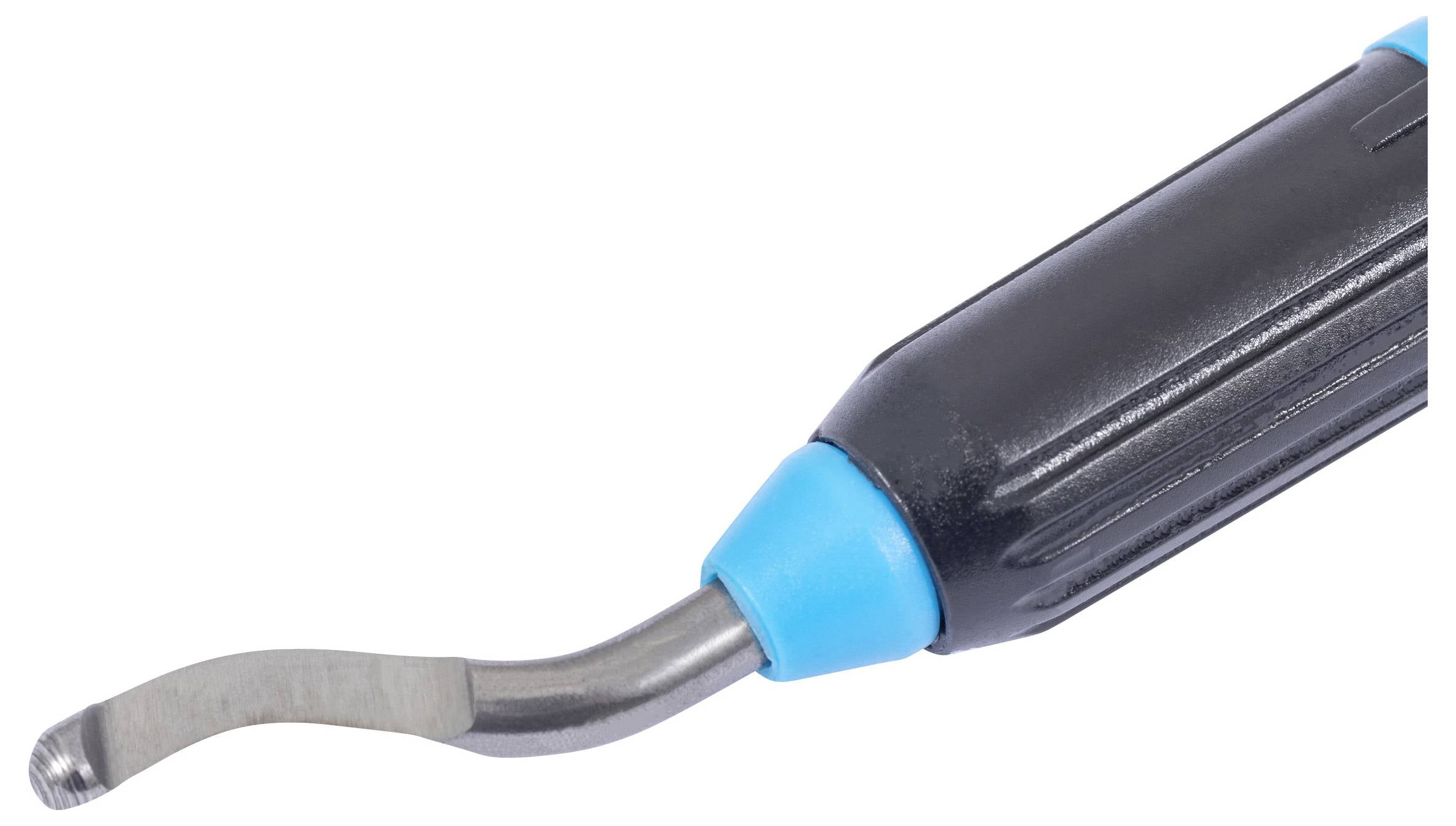 'Entgraten Werkzeug mit ergonomischem Griff und Metallklinge für präzises Entfernen von Graten an Werkstücken.'