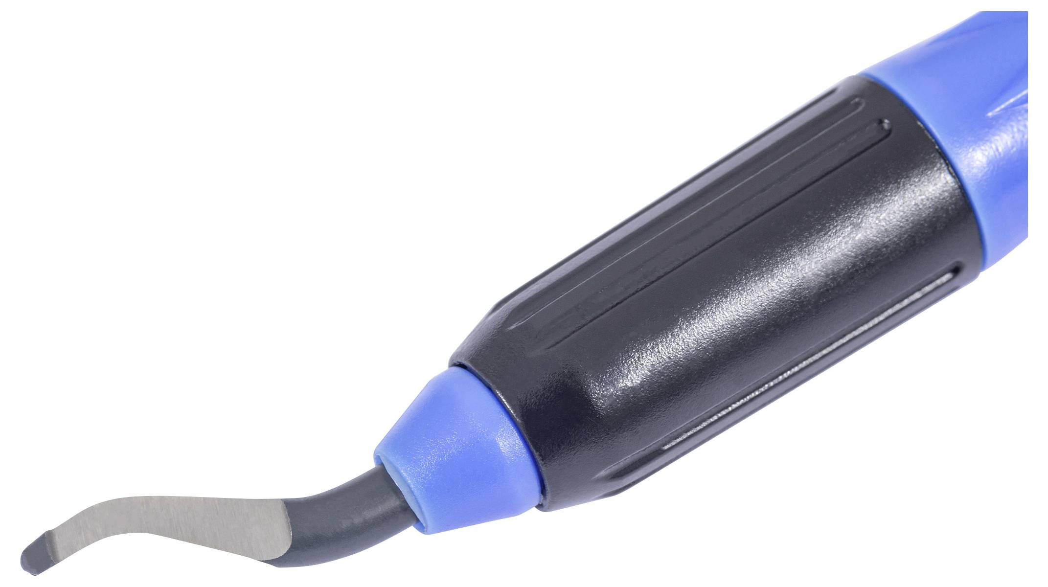 Ein blau-schwarzes Entgratungswerkzeug mit gekrümmter Metallklinge, verwendet zum Glätten von Kanten bei Metall- und Kunststoffarbeiten.