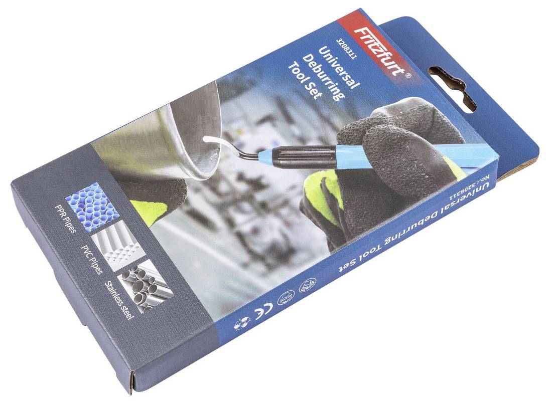 Eine blaue Verpackung mit der Aufschrift 'Universal Deburring Tool Set'. Verschiedene Werkzeuge und Anwendungshinweise abgebildet.
