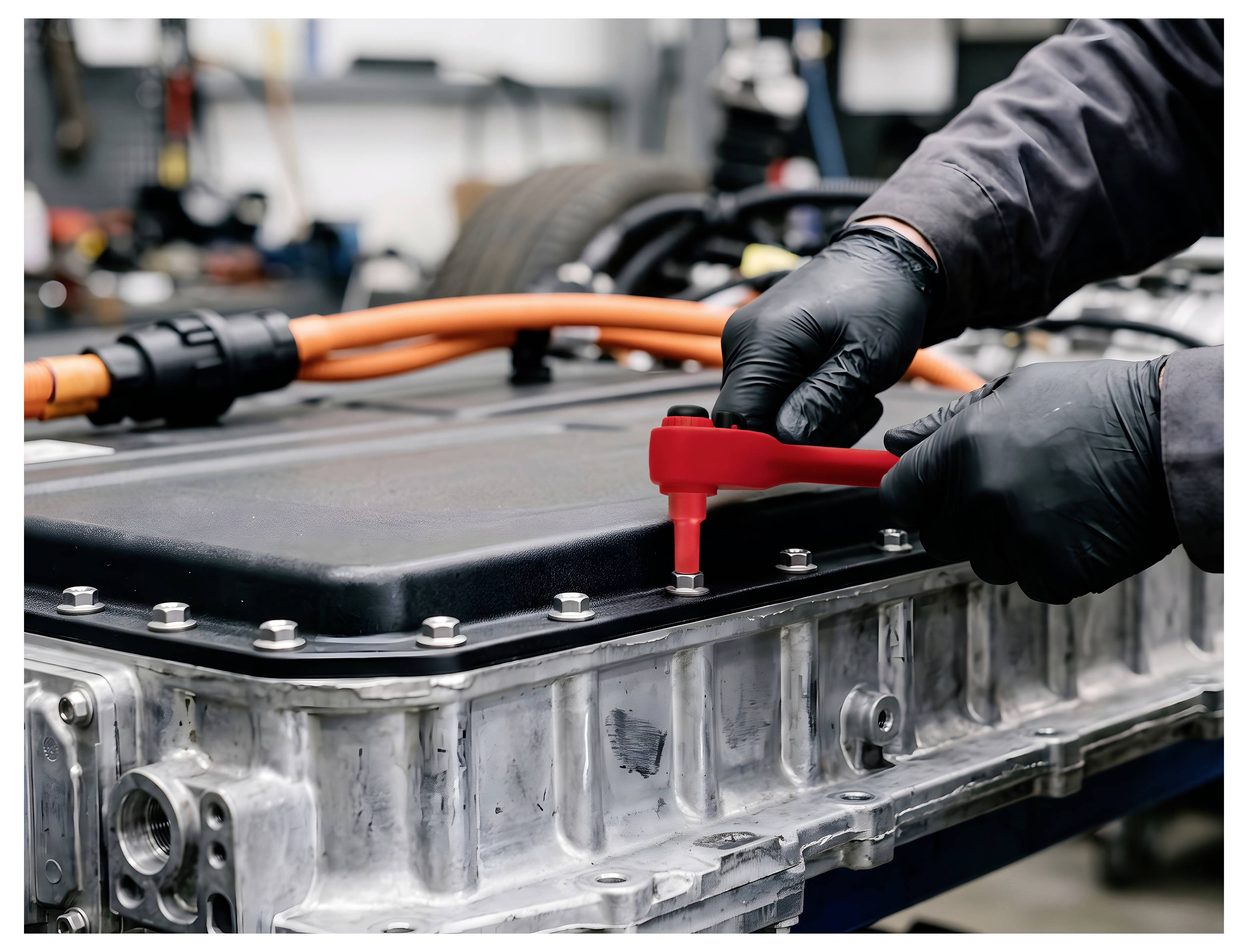 Handschuhtragender Mechaniker, der einen roten Ratschenschlüssel verwendet, um an einem Automotor unter der Motorhaube zu arbeiten.