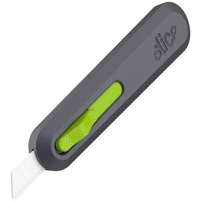 Grau-grüner Sicherheitscutter mit Keramikklinge und rutschfestem Griff. Markierung 'slice' an der Seite.