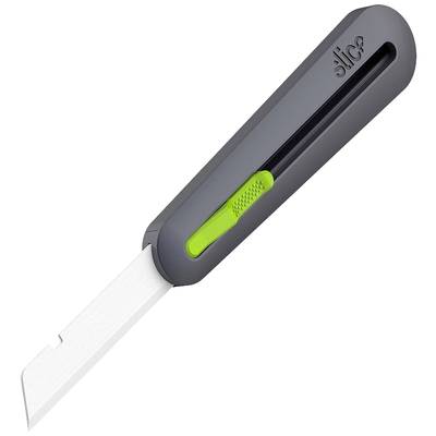 Ein grauer Cutter mit grünem Detail und einem keramischen Klingeneinsatz, der für sicheres Schneiden konzipiert ist.